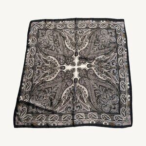 Satin Black Grey Brown & White Square Paisley Mirrored Pattern Scarf